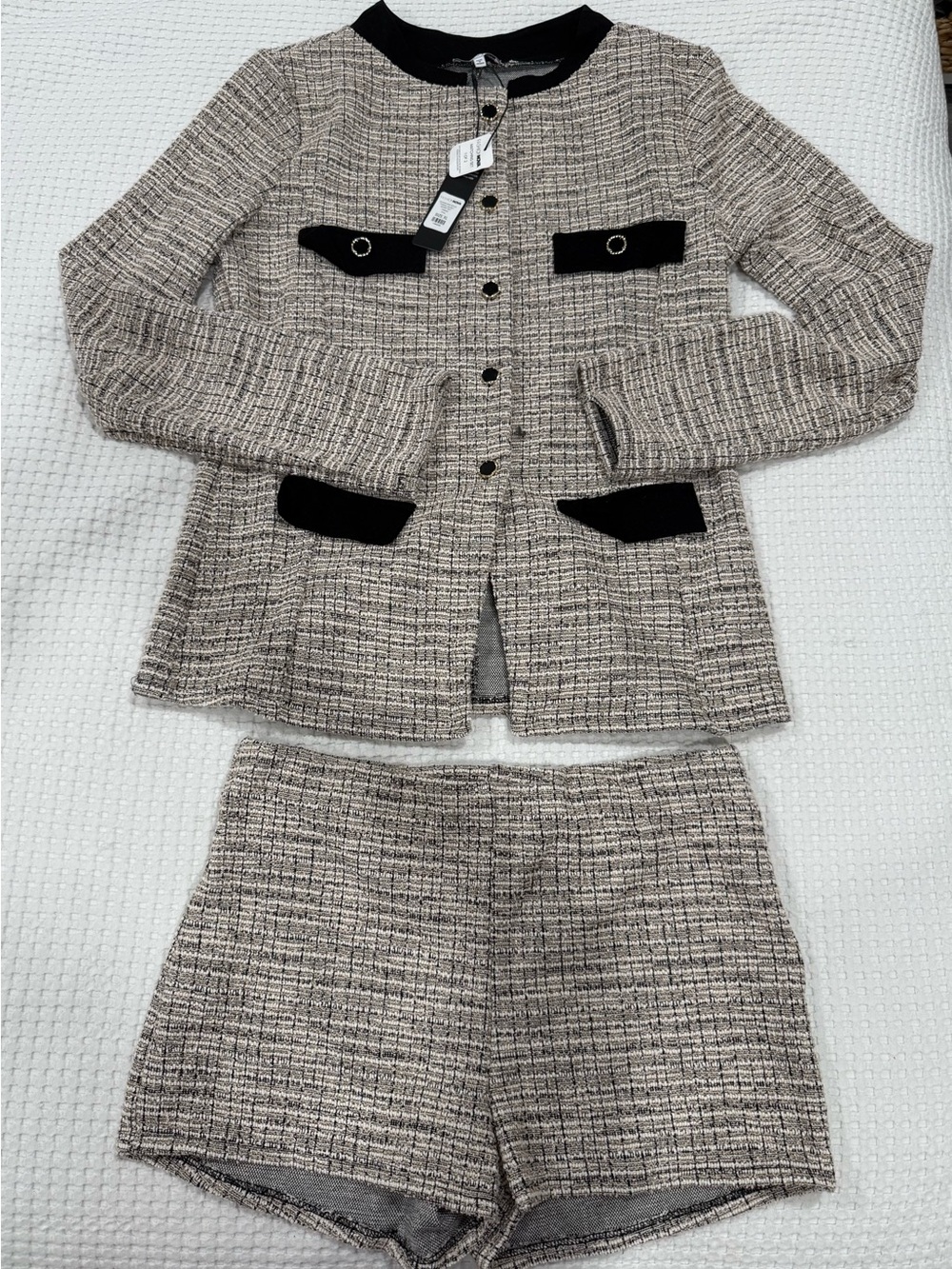 Fashion Nova Beige Tweed Blazer & Shorts Set with Black Trim